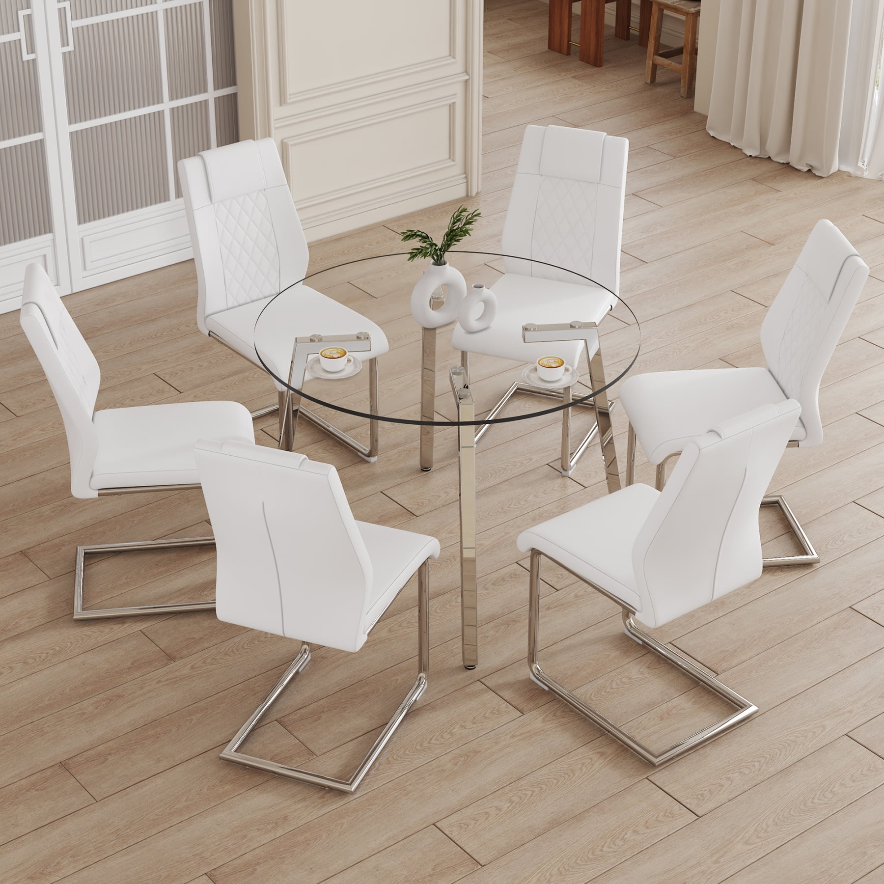 42" Glass Dining Table Set for 6, Round Dining Room Table Set for 6 ...