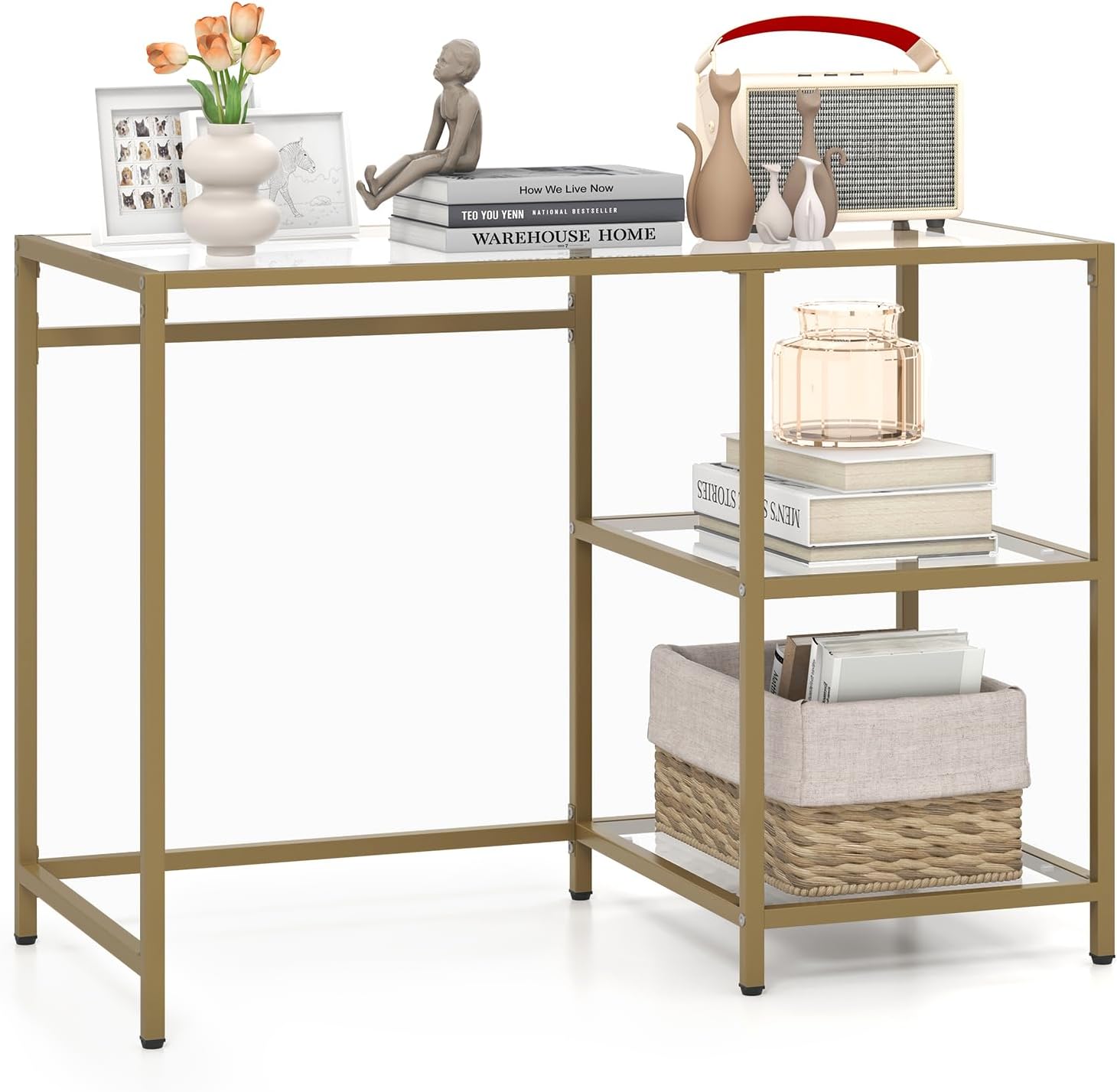 42" Glass Entryway Console Table Modern Entryway Table w/ 2 Open