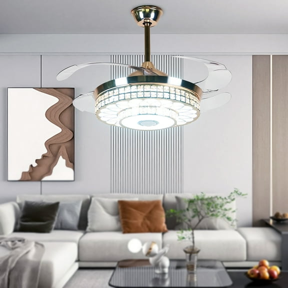 42" Gold Ceiling Fan with Light and Bluetooth Speaker - Remote Control, 3 Color LED, 5000 CFM Airflow, Adjustable Downrod (10"/20") for Bedroom/Living Room, Brushed Iron Finish