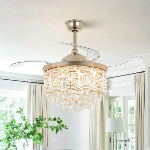 42" Gold Modern Crystal Ceiling Fan with Lights - Remote Control, 3 Color LED (36W 3500K), 5000 CFM Airflow, ABS Transparent Blades & Adjustable Downrod (4"/8"), Chandelier for Home Decor