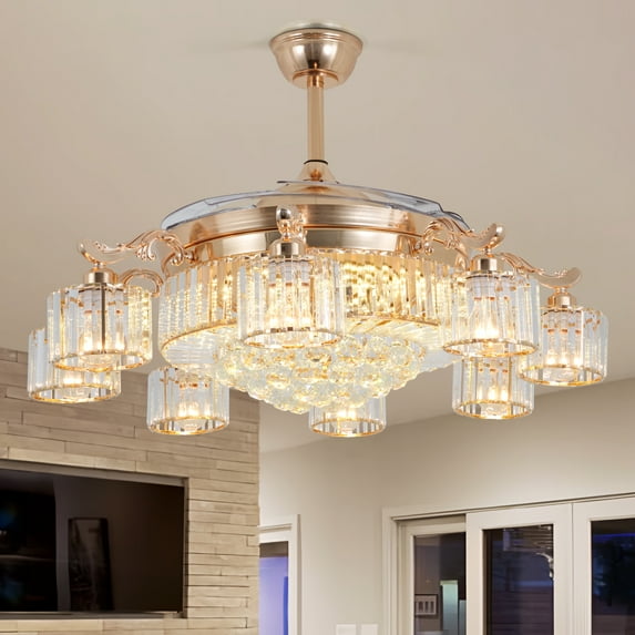 42" Gold Smart Ceiling Fan with 8-Light Arms & Invisible Blades - 3-Color Remote Dimming 36W LED (3500K) / 5000CFM, Flush Mount Design with 4"/8" Downrods for High Ceiling Spaces