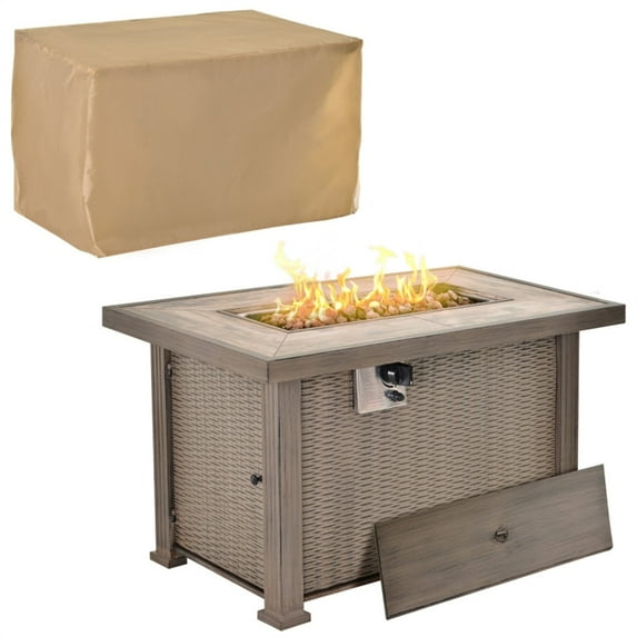 Outsunny 42" Propane Fire Pit Table 50,000 BTU Wicker-effect Auto-Ignition Gas Fireplace Fire Pits with Ceramic Tabletop Steel Base Lid Lava Rocks and Cover CSA Certification Grey