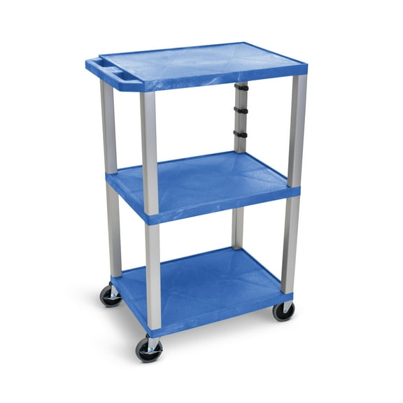 Luxor Tuffy 42"H 3-Shelf Utility Cart - Electric, Blue Shelves, Nickel Legs