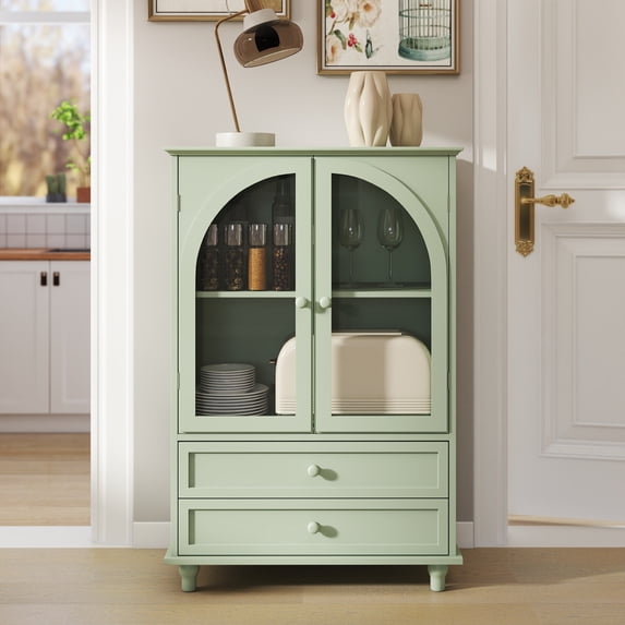 42"H Kitchen Storage Cabinet,Farmhouse Buffet Sideboard with 2 Drawer & 2 Doors,Pantry Cabinet Entryway Cabinet Coffee Bar for Dining Room Living Room,Green