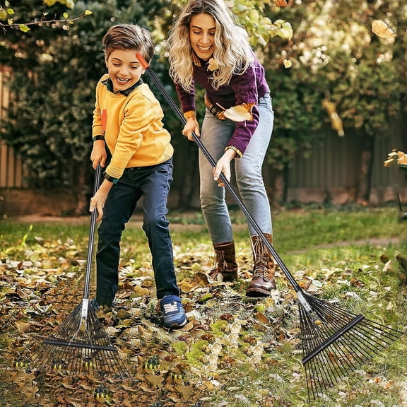 42 HRC Steel Gardening Leaf Rake, 24 Tines 23.2" Wide, Adjustable Split Long Handle 33-67", Suitable for Raking Leaves and Lawn Tidying, Garden rake and thatch rake Suitable for Adults(2 Pack)