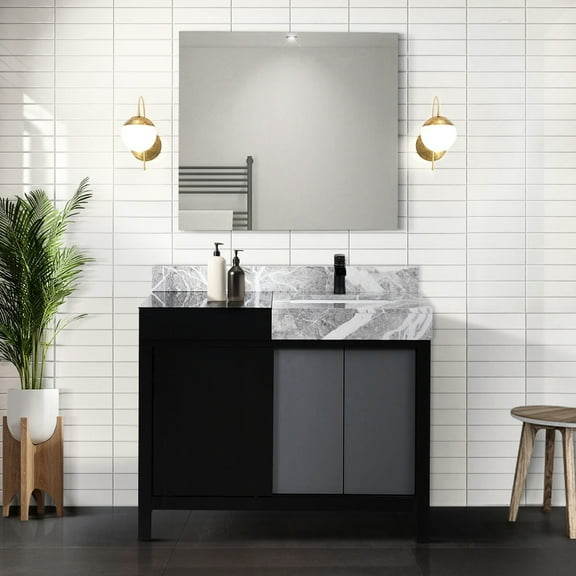 42 In. Bath Vanity In Black And Grey - Marble Top Matte Faucet Included Soft Close, To Scratches Stains, Spacious Interior Storage Gray Scratch-, Generous With 1 Cabinet & 3 Drawers