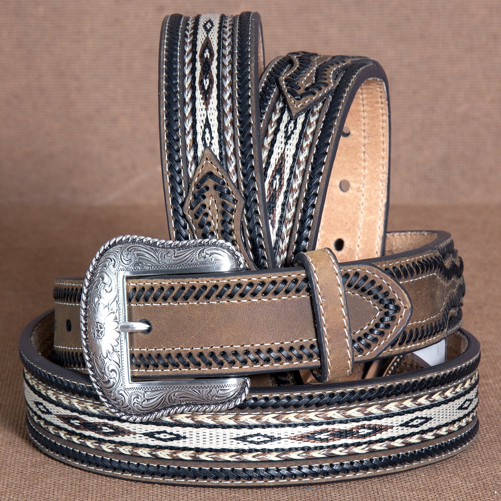 42 In Nocona Leather Mens Belt Braided Horse Hair Lacing Engraved