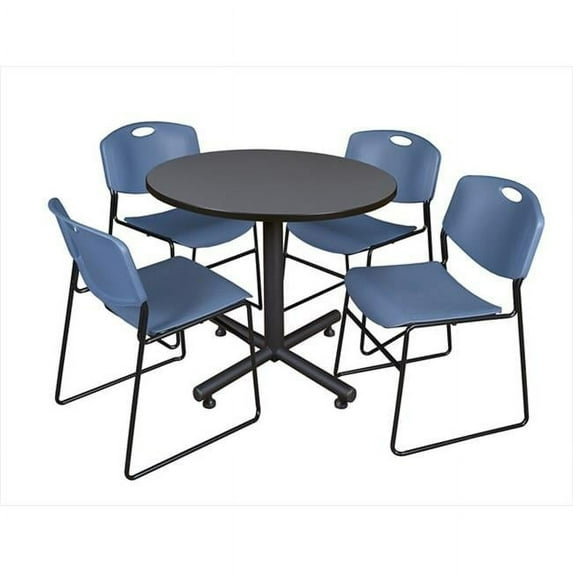 42 In. Round Laminate Table- Grey & Kobe Base With 4 Zeng Stacker Chairs- Blue