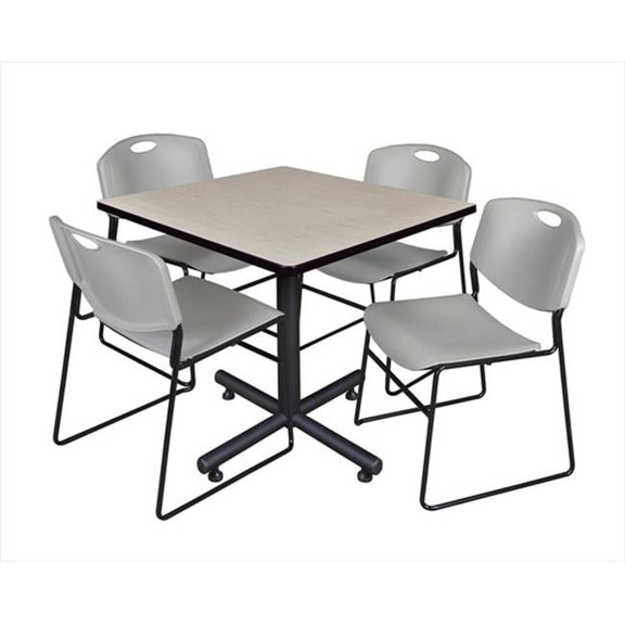 42 In. Square Laminate Table, Maple & Kobe Base With 4 Zeng Stacker Chairs, Grey