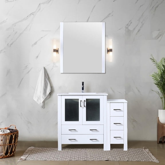 White Bath Vanity 42 In. - Solid Wood Side Cabinet Ceramic Top Soft Close Mechanism Scratch- And Stain- Countertop Build & Drawers Long-lasting Durability