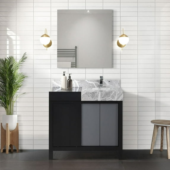 42 In. W X 22 D Bath Vanity In Black And Grey, With Marble Countertop, Faucet 34 Mirror - High Durability Function Grey Bathroom Top, Faucet, Built To Last