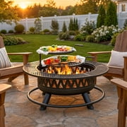 42 Inch 3-in-1 Fire Pit with 2 Grills   Large Outdoor Wood Burning Fireplace for Camping, Picnic & Bonfire, Round Metal Table with Lid for Backyard, Patio & Party