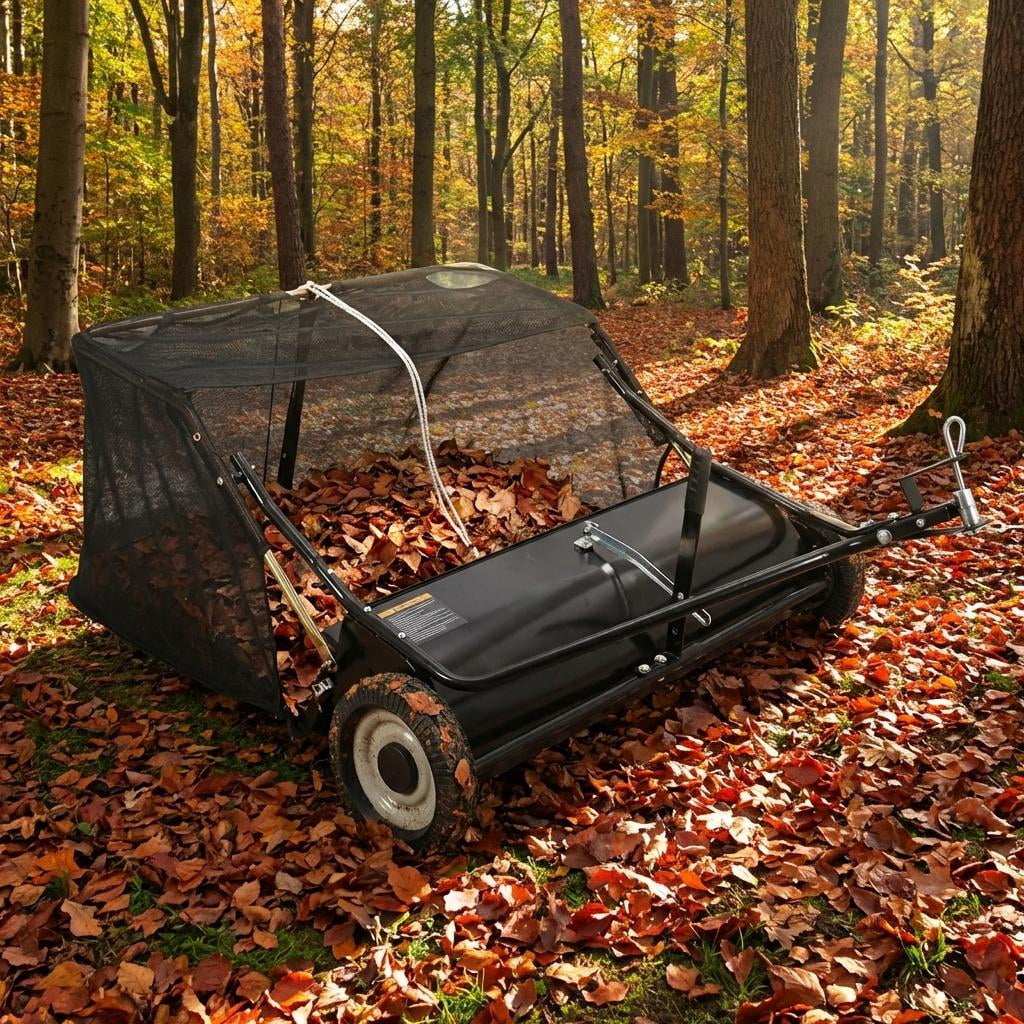 42-Inch ATV Lawn Sweeper, Easy-Empty Hopper with 4 Nylon Brushes (10-Inch Diameter), Universal Hitch & Sturdy Wheels, Black
