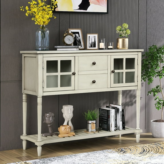 42 Inch Antique Console Table with Glass Doors, Drawers and Bottom Slatted Shelf, Hallway Entry Sofa Table Storage Cabinet TV Stand for Entryway, Living Room, Dining Room (Antique Gray)