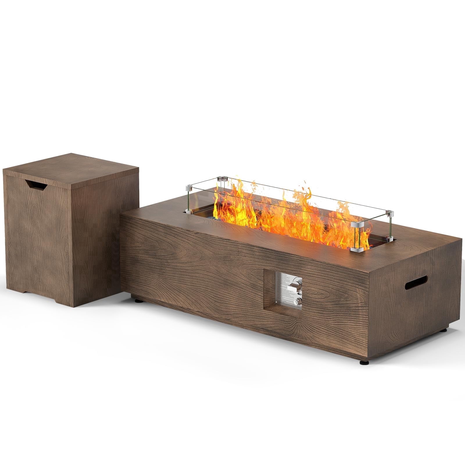 42 Inch Brown wood grain Rectangular Propane Fire Pit Table, 50,000 BTU Outdoor Patio Gas Firepit with Wind Guard, Rain Cover & Glass Stones