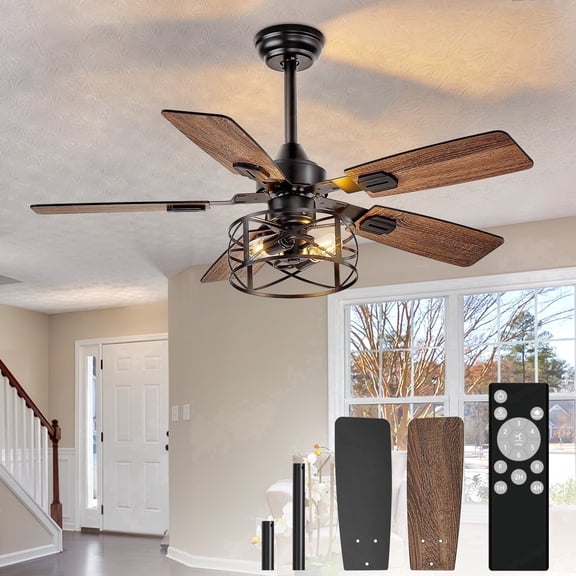 Depuley 42-Inch Caged Ceiling Fans with Lights: Dual Finish 5 Black Walnut Blades Hanging Fan - Rustic Ceiling Fan with Remote Control for Farmhouse Indoor/Outdoor Use