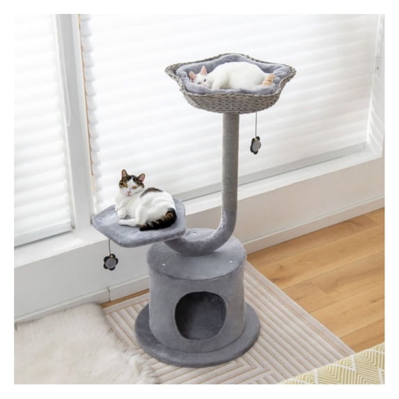 42 Inch Cat Tower with Metal Frame - 3 Tier Cat Tree for Large Cats, Kitten Scratching Post, Condo & Dangling Balls