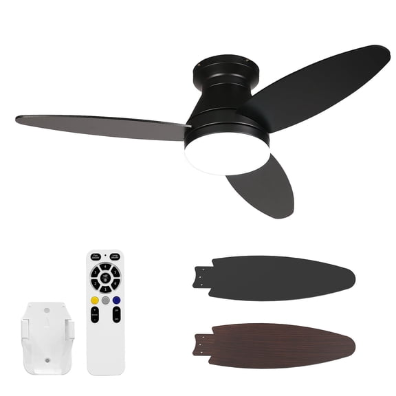 42 Inch Ceiling Fans with Lights, 3 Blade Flush Mount Low Profile LED Ceiling Fan with Remote for Bedroom Living Room Patio, Dimmable, 3CCT, Quiet Reversible Motor, Black