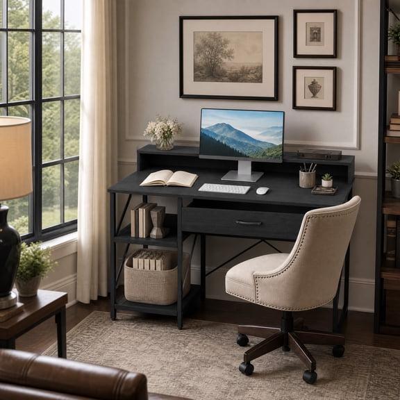 42 Inch Computer Desk with Drawer & USB Power Outlets, Home Office Desk with Storage Shelves, Black