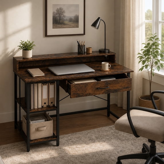 42 Inch Computer Desk with Drawer & USB Power Outlets, Home Office Desk with Storage Shelves, Rustic Brown