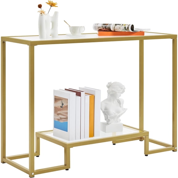 42 Inch Console Table, Tempered Glass Entryway Table, Narrow Sofa Tables, 2-Tier Hallway Tables, Entrance Stand for Living Room Bedroom, Gold