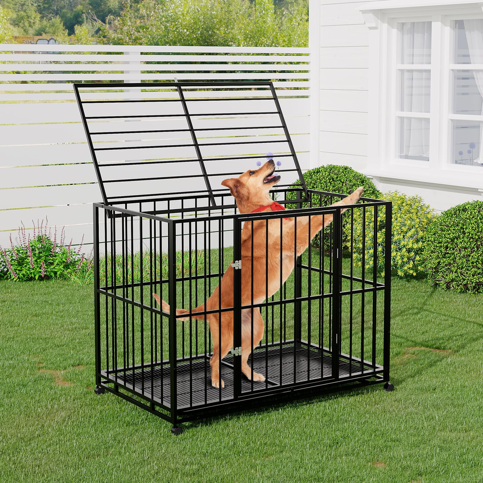 42 Inch Dog Crate - Heavy Duty Dog Kenne, with Wheels & Removable Tray,Collapsible, Chew-Resistant & Easy-Clean, Indoor Pet Escape Proof House Stackable Dogs Cage