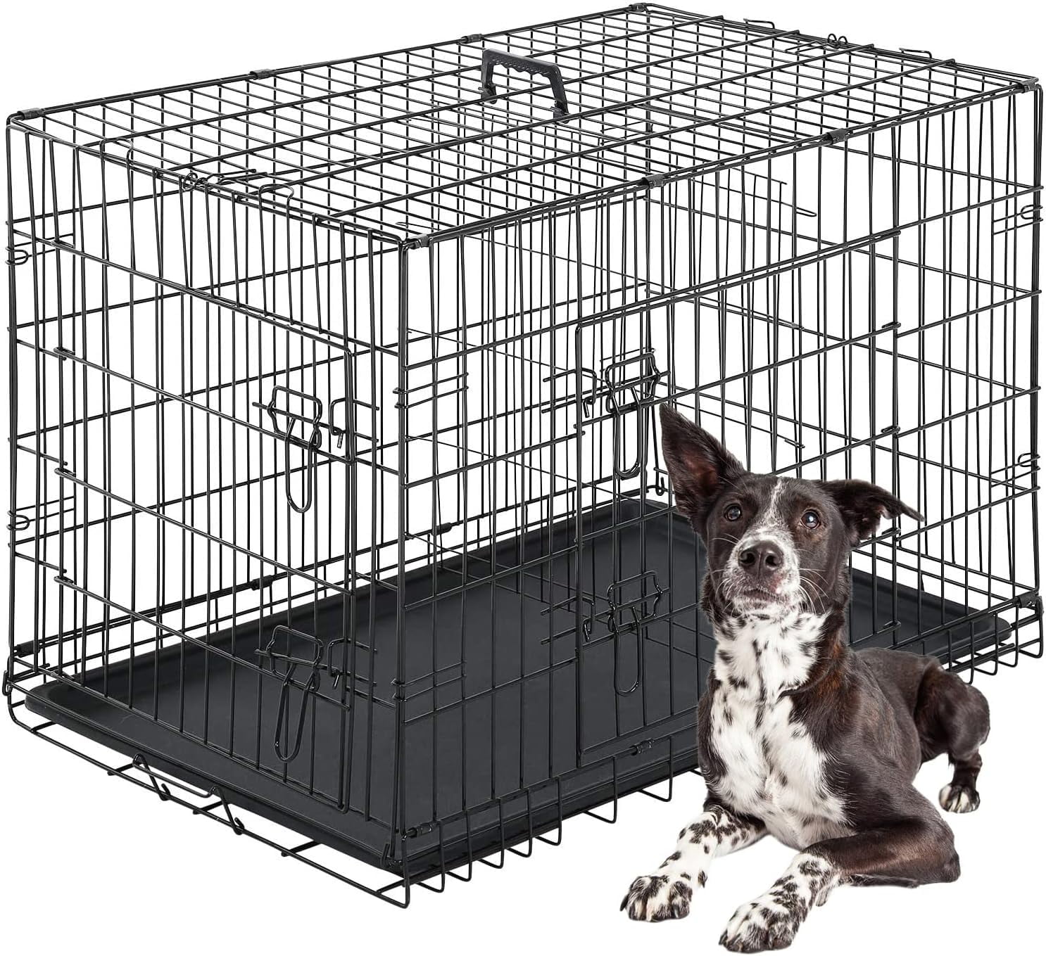 42 Inch Dog Crate for Large Dogs Folding Metal Wire Pet Cage Double Door with Divider Panel Indoor Outdoor Kennel Leak Proof Plastic Tray Black
