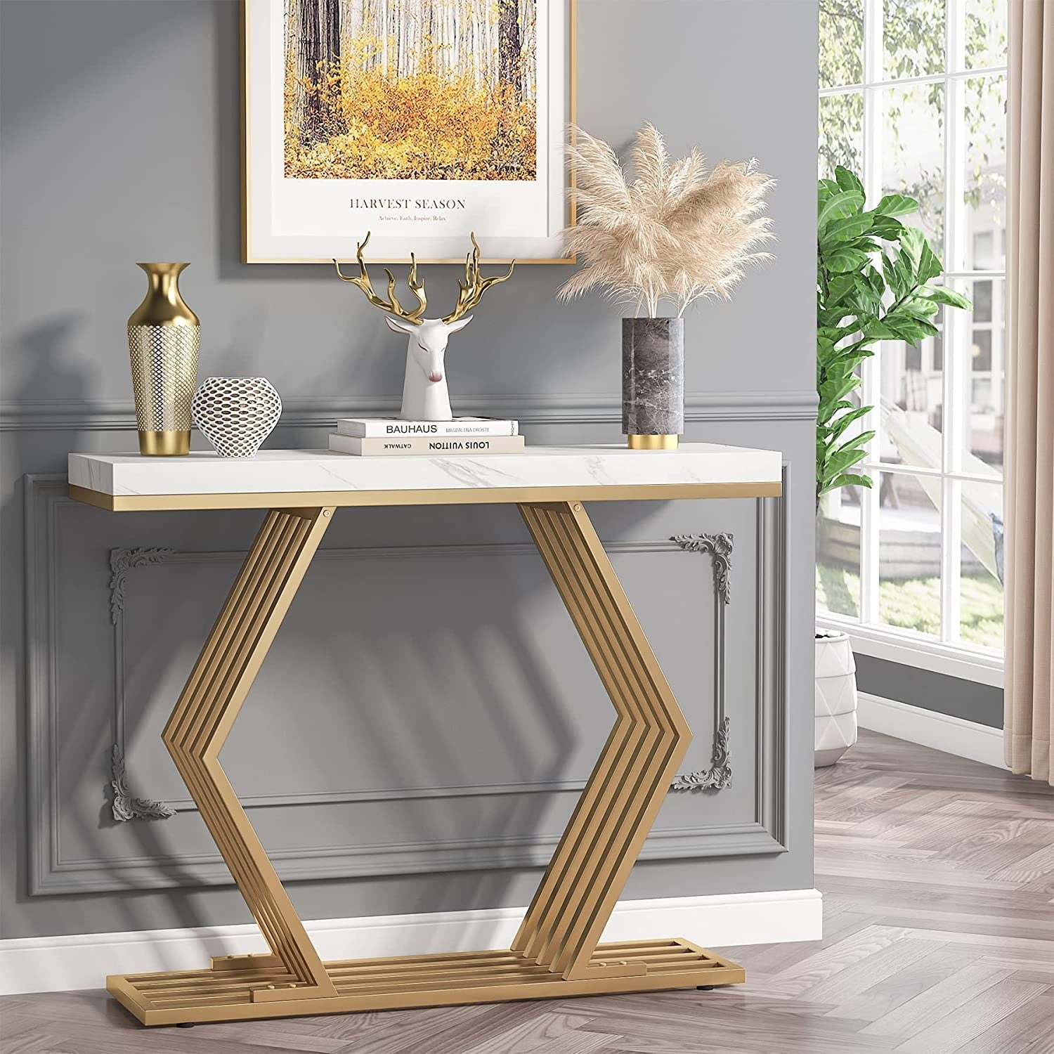 42 Inch Entryway Table with Geometric Metal Base white gold