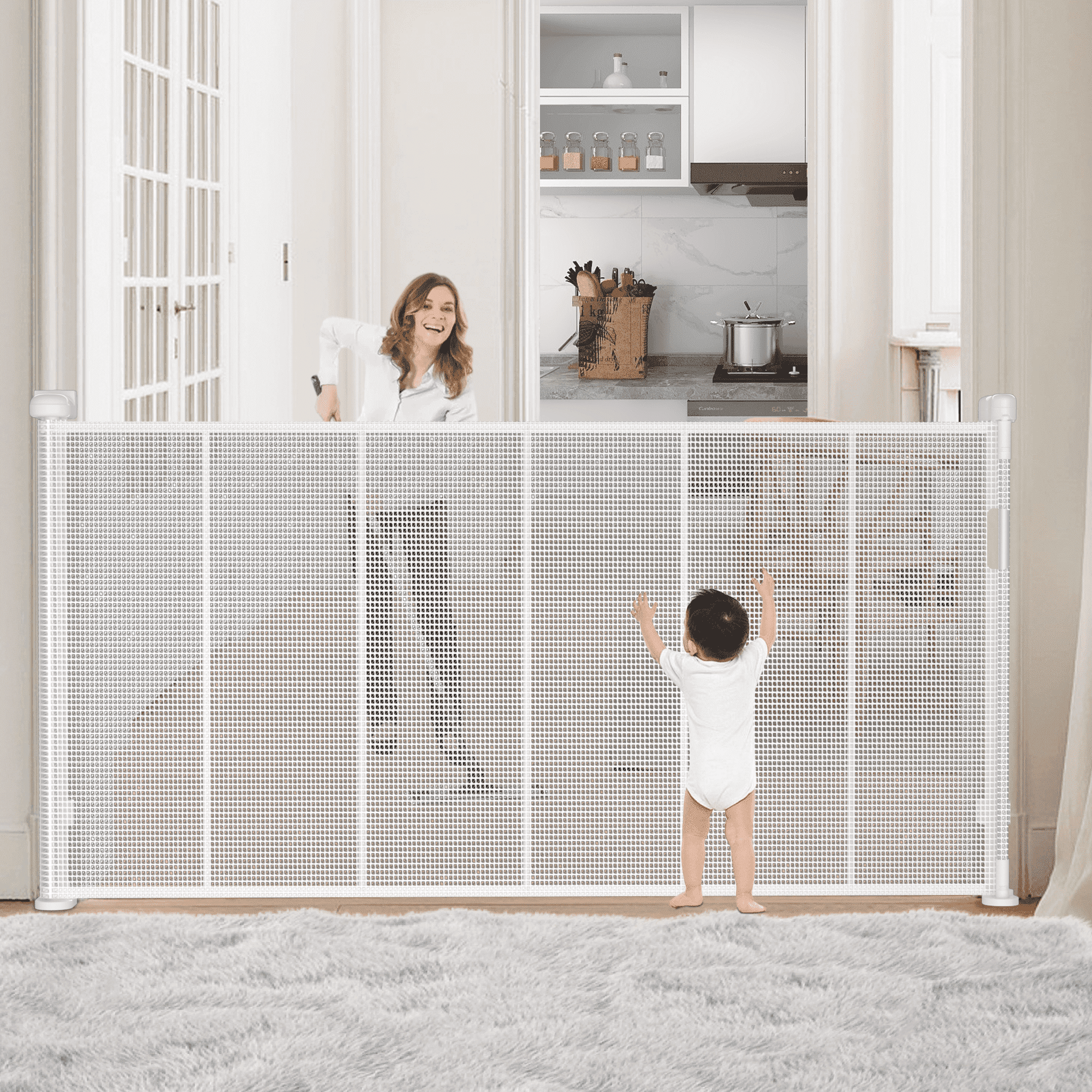 42 Inch Extra Tall Retractable Baby Gates, 120 Inch Wide Mesh