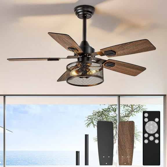 42-Inch Fine Net Caged Ceiling Fans with Lights: Dual Finish 5 Black Walnut Blades Hanging Fan - Rustic Ceiling Fan with Remote APP Control for Farmhouse Indoor/Outdoor Use