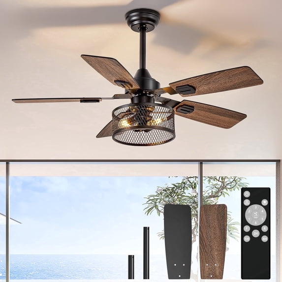 Depuley 42-Inch Fine Net Caged Ceiling Fans with Lights: Dual Finish 5 Black Walnut Blades Hanging Fan - Rustic Ceiling Fan with Remote Control for Farmhouse Indoor/Outdoor Use
