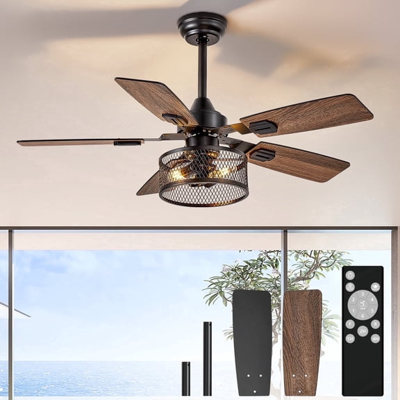 Depuley 42-Inch Fine Net Caged Ceiling Fans with Lights: Dual Finish 5 Black Walnut Blades Hanging Fan - Rustic Ceiling Fan with Remote Control for Farmhouse Indoor/Outdoor Use