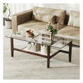 thumbnail image 1 of 42 Inch Glass Coffee Table with Storage, 2-Tier Rectangular Center Table for Living Room, Tempered Glass Top & Rubber Wood Legs, Modern Cocktail Table for Office & Home, 1 of 9