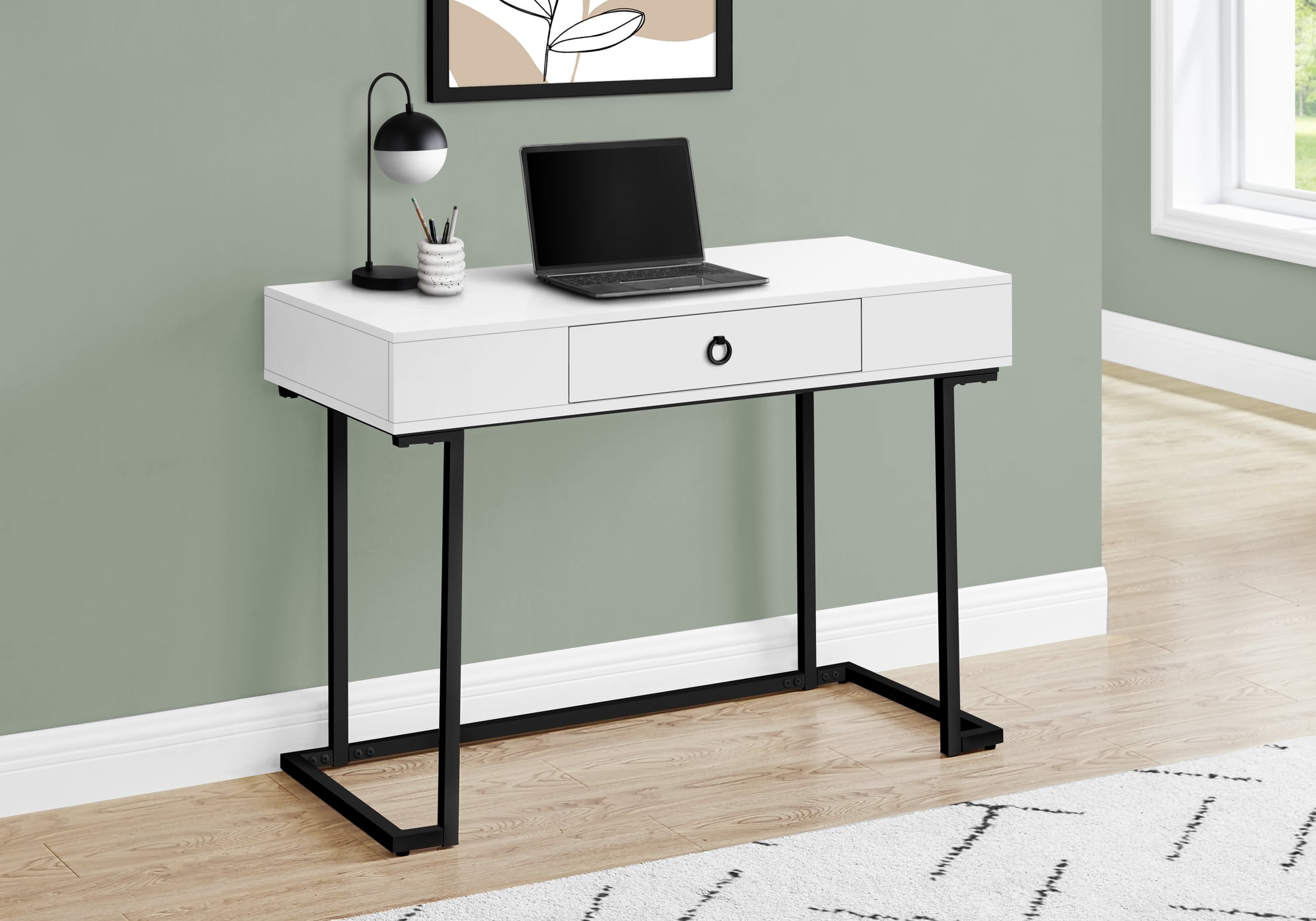 42 Inch Glossy White Computer Desk with Black Metal Frame and Drawer ...