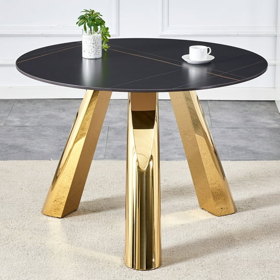 42-Inch Gold-Plated Stainless Steel Flamed Granite Round Dining Table for 4-6 People, Durable Indoor/Outdoor Dining & Conference Table with Rounded Edges and All-Weather Construction
