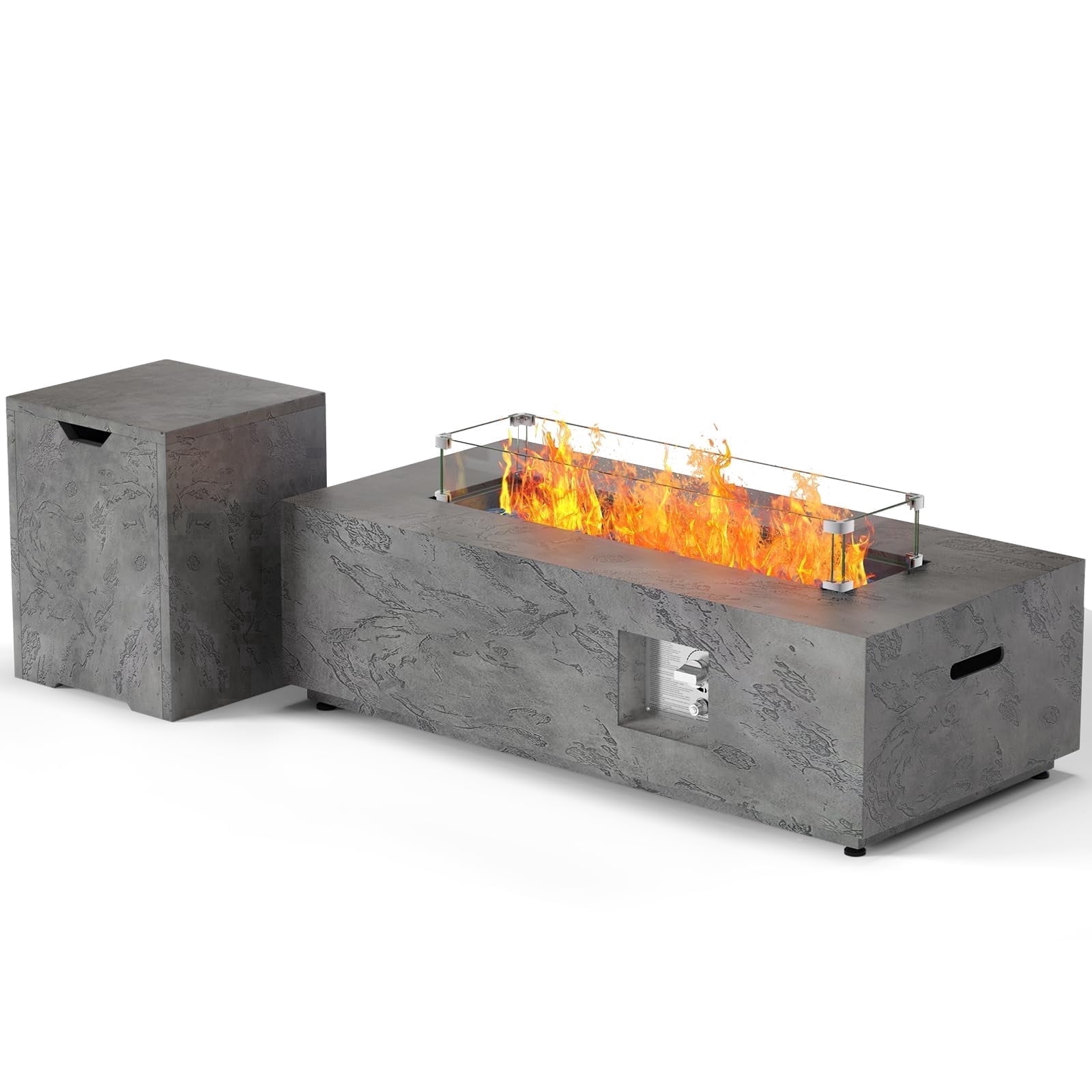 42 Inch Gray Rock Veins Rectangular Propane Fire Pit Table, 50,000 BTU Outdoor Patio Gas Firepit with Wind Guard, Rain Cover & Glass Stones