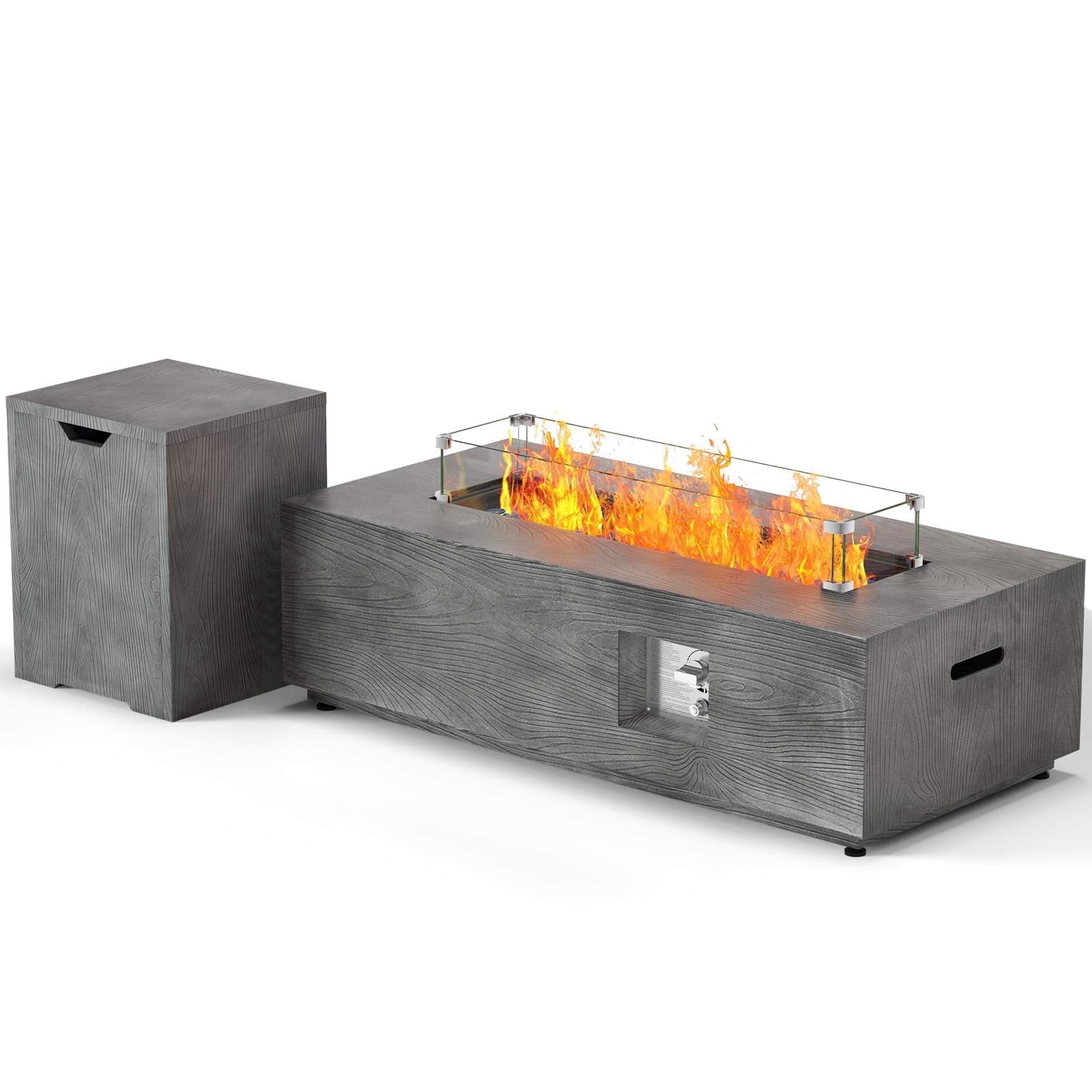 42 Inch Gray Wood Grain Rectangular Propane Fire Pit Table, 50,000 BTU Outdoor Patio Gas Firepit with Wind Guard, Rain Cover & Glass Stones