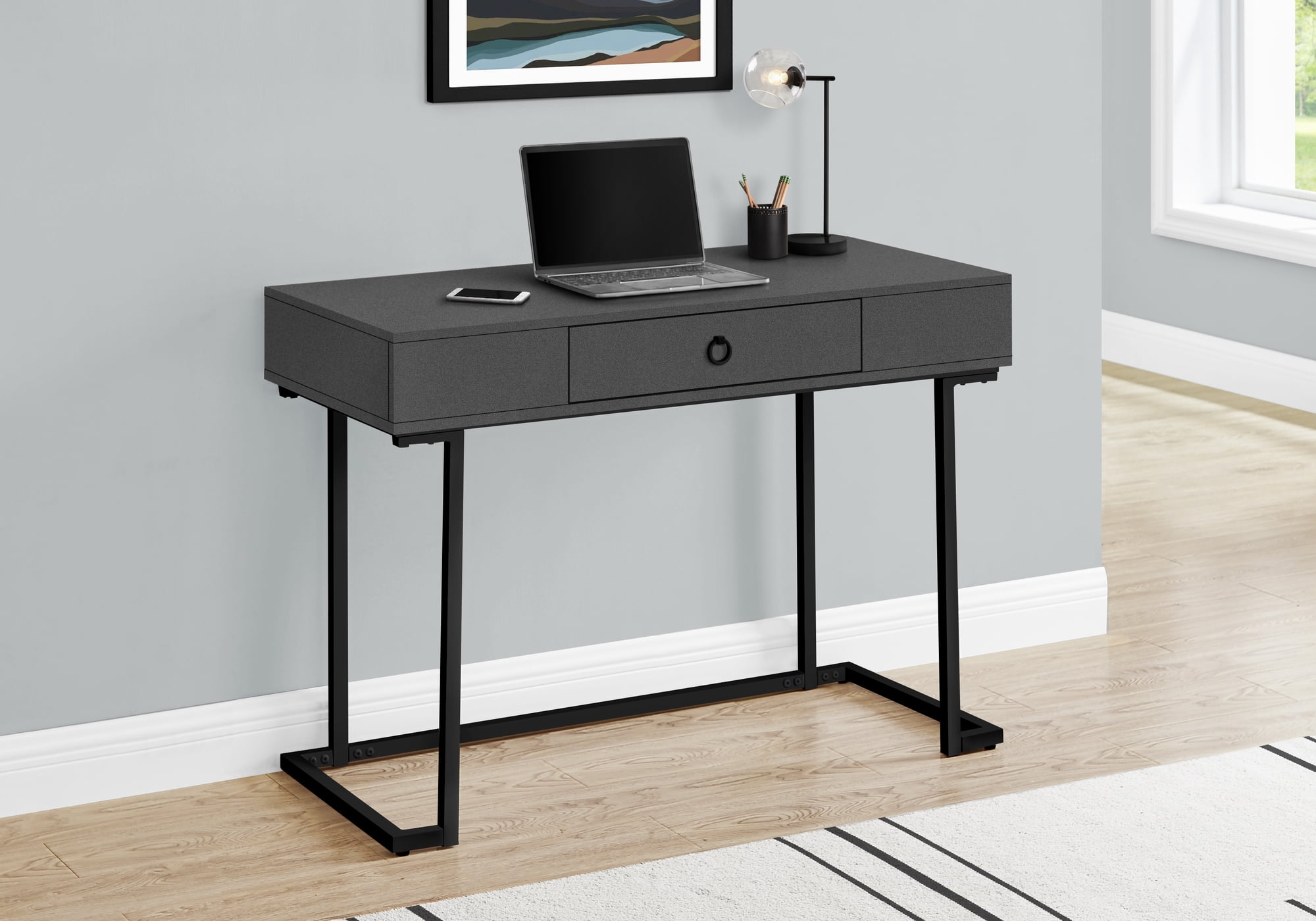 42 Inch Grey Modern Computer Desk with Black Metal Frame and Drawer ...