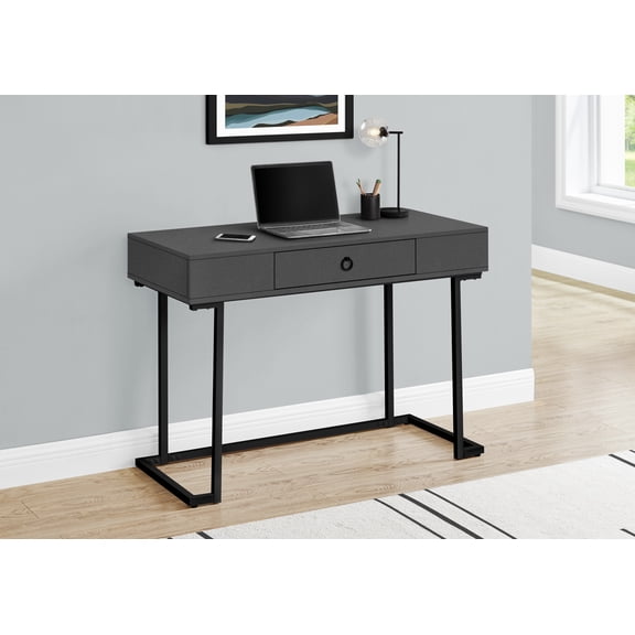 42 Inch Grey Modern Computer Desk with Black Metal Frame and Drawer