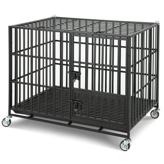 42 Inch Heavy Duty 3-Door Dog Crate with Wheels, Escape-Proof Metal Kennel for Large Dogs, Removable Tray, Black