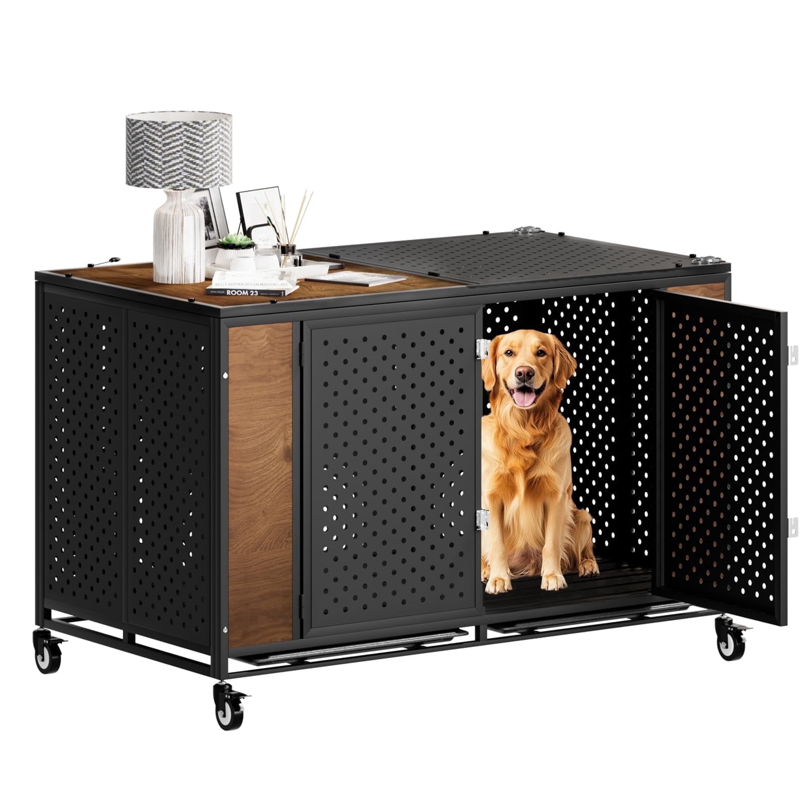 Snuowu 42 Inch Heavy Duty Dog Crate Furniture with Wheels,Indestructible Metal Dog Cage for Large and Medium Dogs, Extra Large XL XXL Dog Crate with Removable Tray.