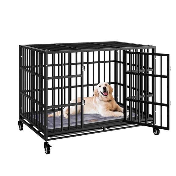 42 Inch Heavy Duty Dog Crate with Wheels，Indestructible Escape-Proof Dog Cage for Large Dogs, Extra Large XL XXL Indestructible Dog Crate with Removable Tray.