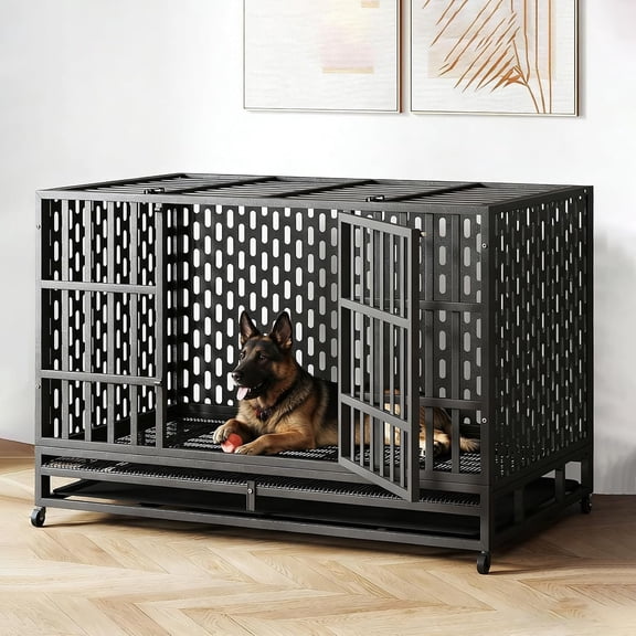 42 Inch Heavy Duty Indestructible  Crate,  Proof Double Door Escape Proof  Crate, Large  Crate with Wheels, Removable Tray, Large  Kennel for High
