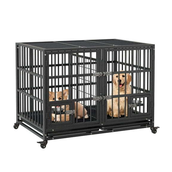 42-Inch Heavy Duty Sliding Rail Dog Crate Stackable Metal Kennel Cage with Double Doors Lockable Wheels Removable Tray Floor Grid Secure for Large Medium Dogs Feeding Bowl