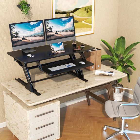 42 Inch Height Adjustable Standing Desk Converter with Keyboard Tray, Dual Monitor Riser for Home Office