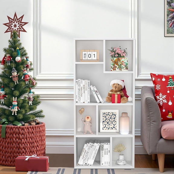 42 Inch High Bookcase, 4-Tier Modern Storage Cabinet with Height Difference Shelves for Standard Textbooks, Floor Standing Display, 7 Cubes, Horizontal Available, Easy Assembly, White