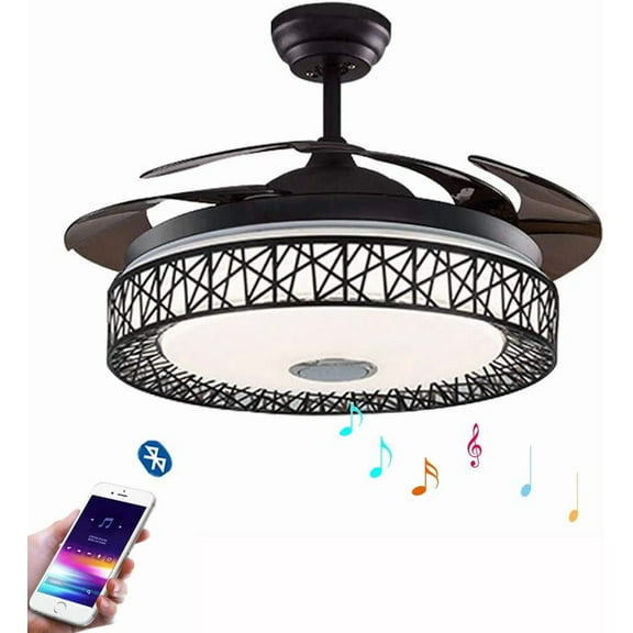 42 Inch Invisible Ceiling Fan with Light and Remote Control, Creative Bluetooth Retractable Blades Chandelier Fans with 3 Lights Change and 3 Speeds for Bedroom Dining Room