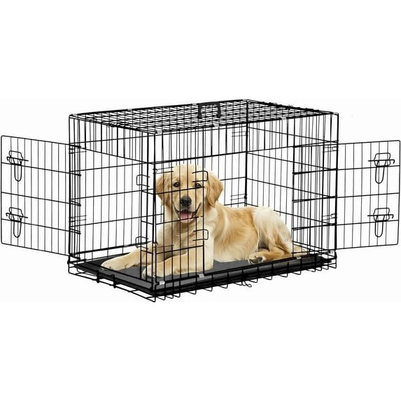 42 Inch Large Dog Crate Dog Kennel Pet Cage Metal Wire Crates Pet Cages Double-Door Folding Kennels with Handle Leak-Proof Pan Tray,Black
