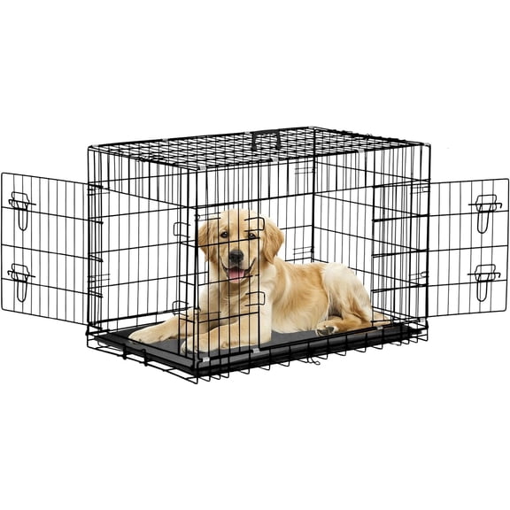 42 Inch Large Dog Crate Dog Kennel Pet Cage Metal Wire Crates Pet Cages Double-Door Folding Kennels with Handle Leak-Proof Pan Tray,Black