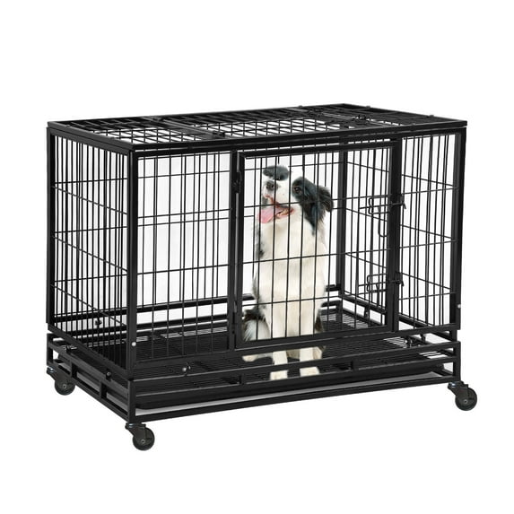 42 Inch Large Dog Crate Dog Kennel Indoor Outdoor Big Dog Cage Dog Crates for Large Medium Small Dogs Heavy Duty Dog Crate Metal Indestructible XXL XL Dog Crate Pet Cage with Wheels Tray Double Door